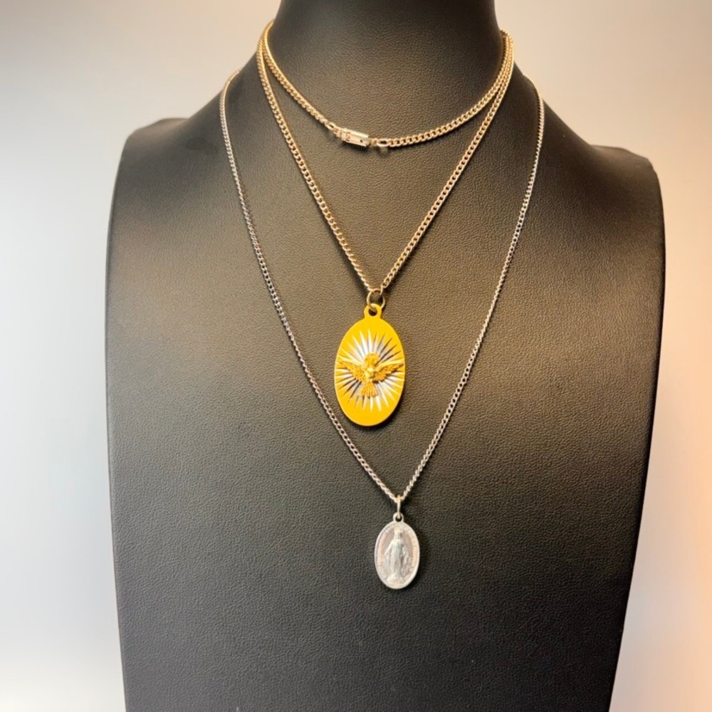 Vintage Religious Necklace Set Gold Silver Tone Holy Spirit Miraculous Medal